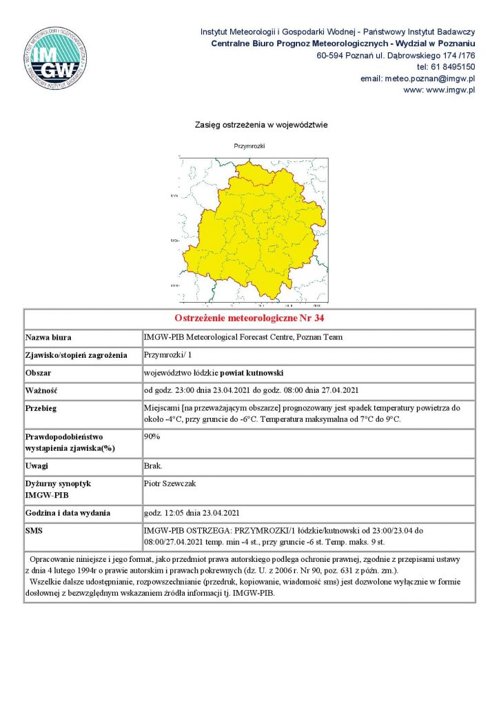 Ostrzeżenie meteorologiczne Nr 34