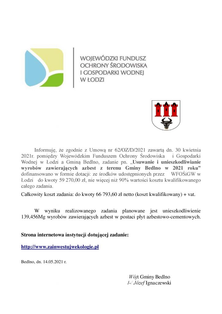 Usuwanie i unieszkodliwianie wyrobów zawierających azbest z terenu Gminy Bedlno w 2021 roku