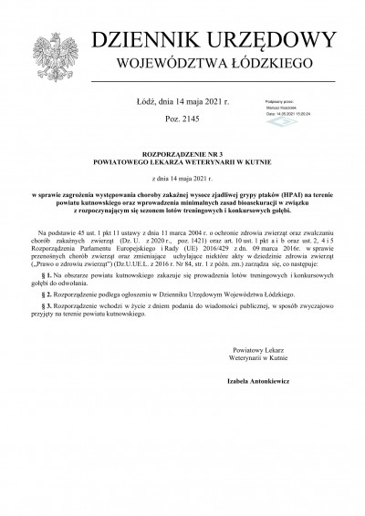 Rozporządzenia Powiatowego Lekarza Weterynarii w Kutnie dotyczące zagrożenia występowania choroby zakaźnej wysoce zjadliwej grypy ptaków (HPAI) na terenie powiatu kutnowskiego.