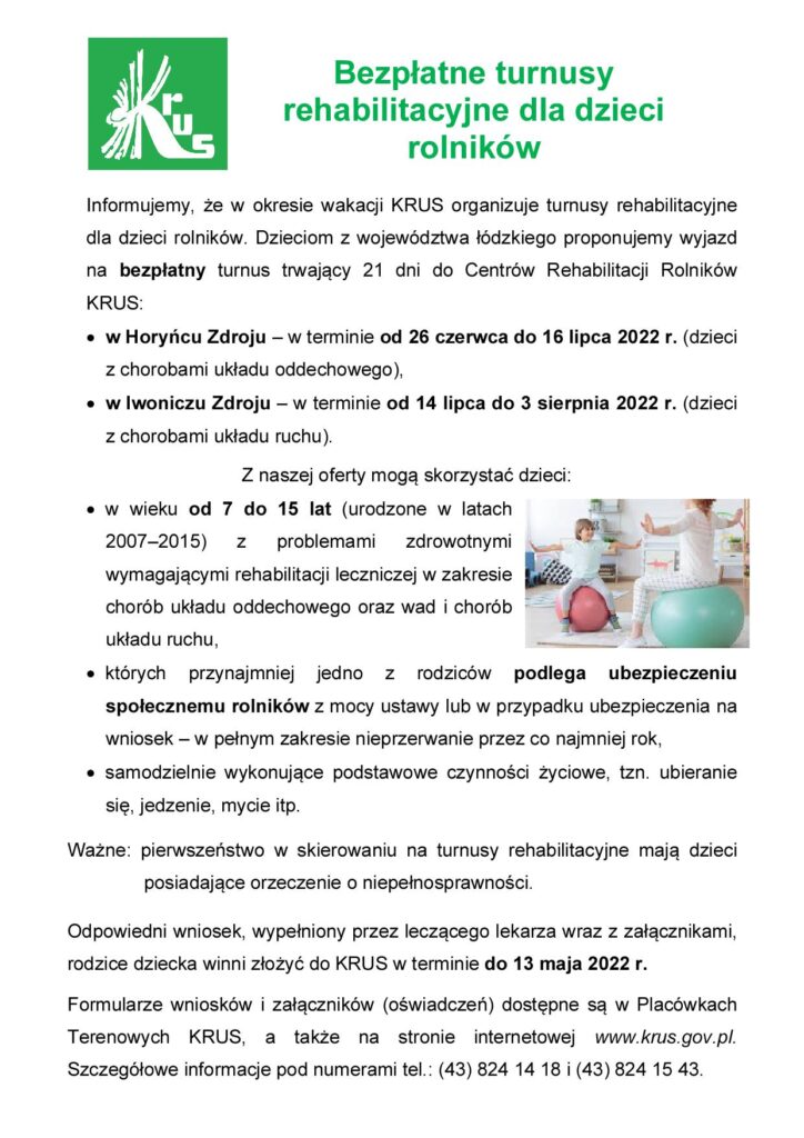 Bezpłatne turnusy rehabilitacyjne dla dzieci