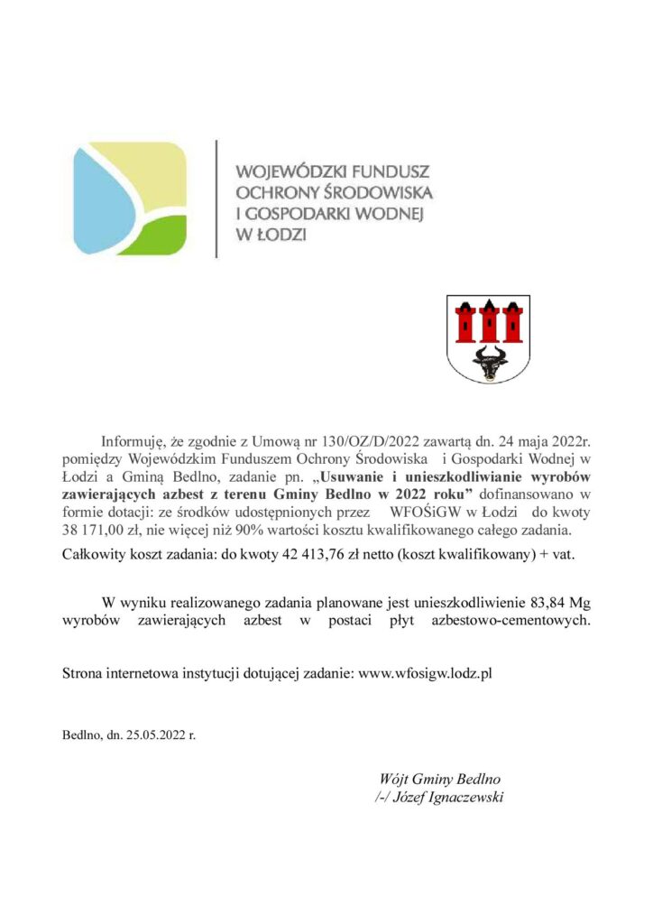 Informacja o dofinansowaniu - azbest 2022