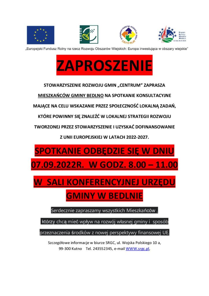 STOWARZYSZENIE ROZWOJU GMIN „CENTRUM” ZAPRASZA MIESZKAŃCÓW GMINY BEDLNO NA SPOTKANIE KONSULTACYJNE