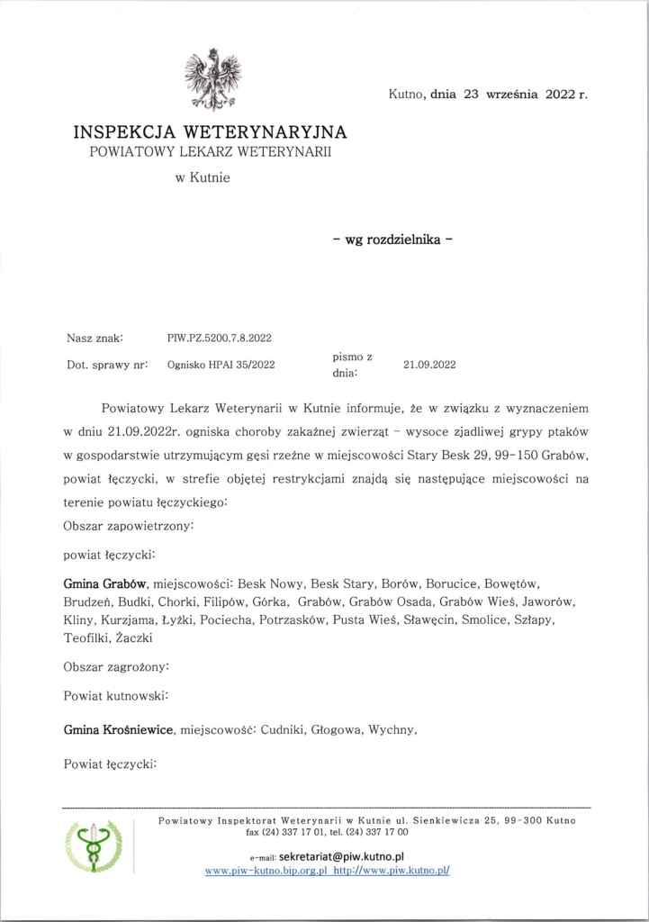 WYSOCE ZJADLIWA GRYPA PTAKÓW – GMINA GRABÓW – OBSZARY ZAPOWIETRZONE I ZAGROŻONE