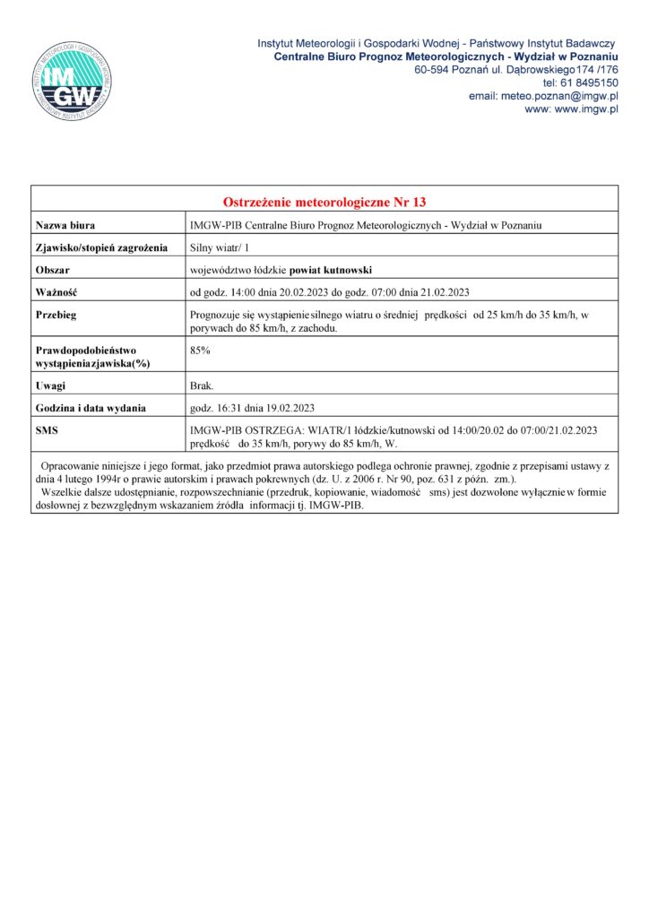 Ostrzeżenie meteorologiczne Nr 13