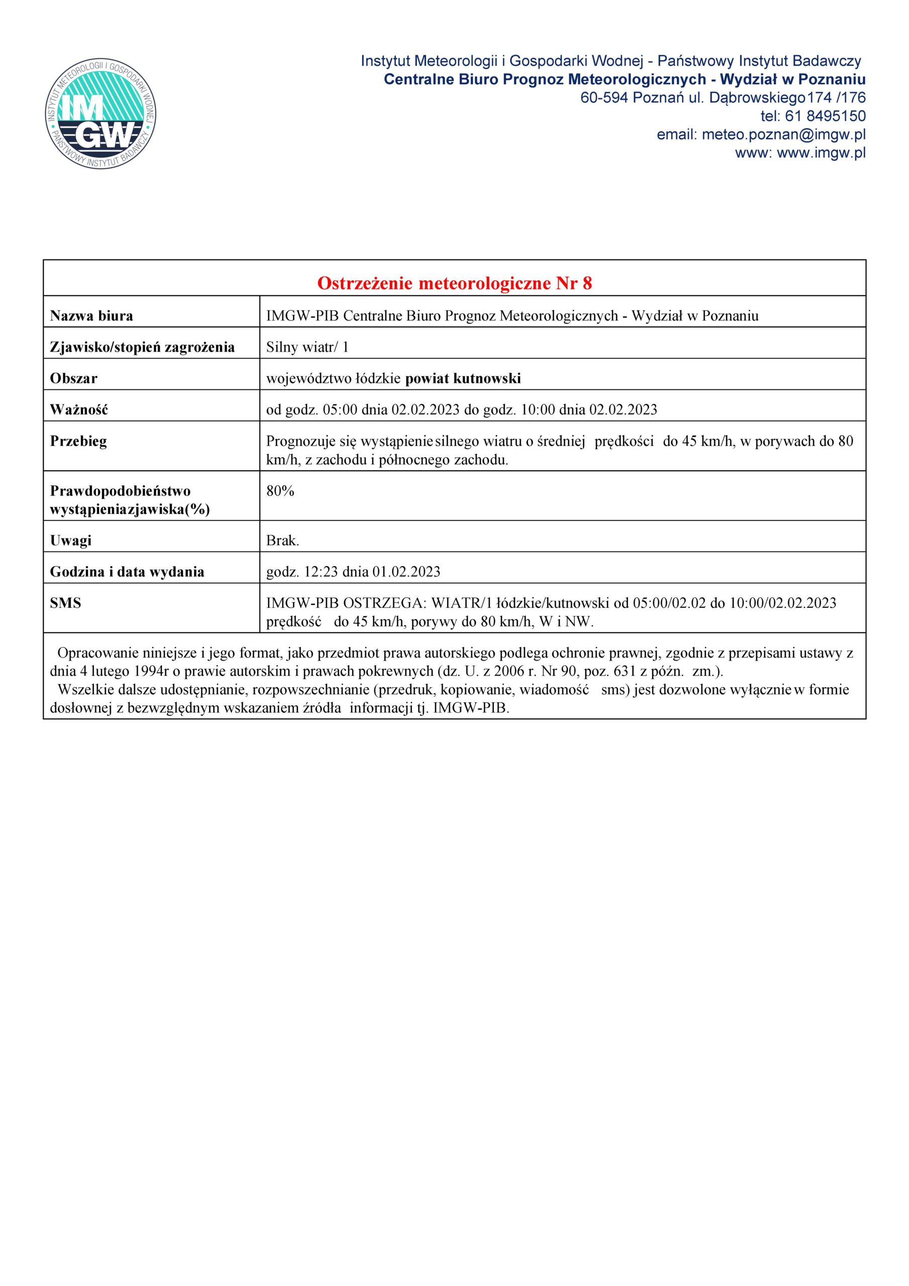 Ostrzeżenie meteorologiczne Nr 8