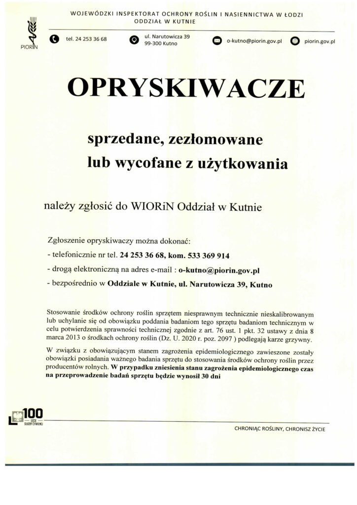 Ważna informacja dotycząca opryskiwaczy.