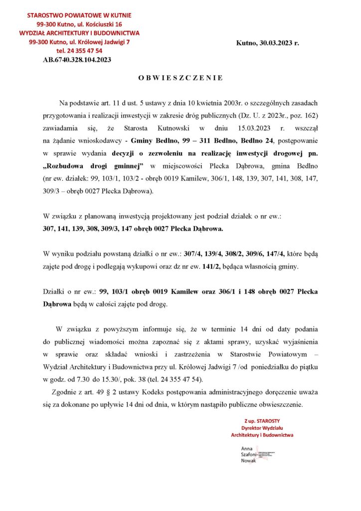OBWIESZCZENIE - „Rozbudowa drogi gminnej” w miejscowości Plecka Dąbrowa