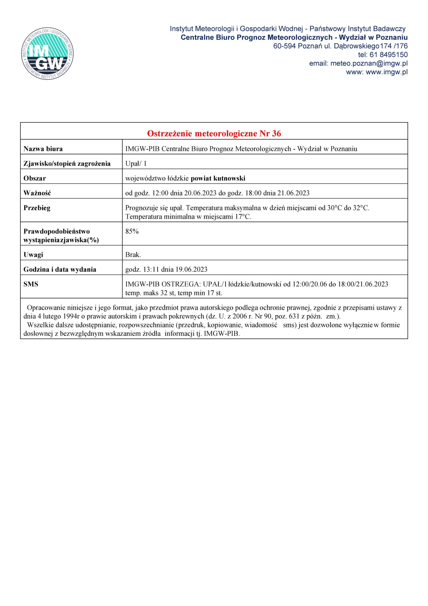 Ostrzeżenie meteorologiczne Nr 36