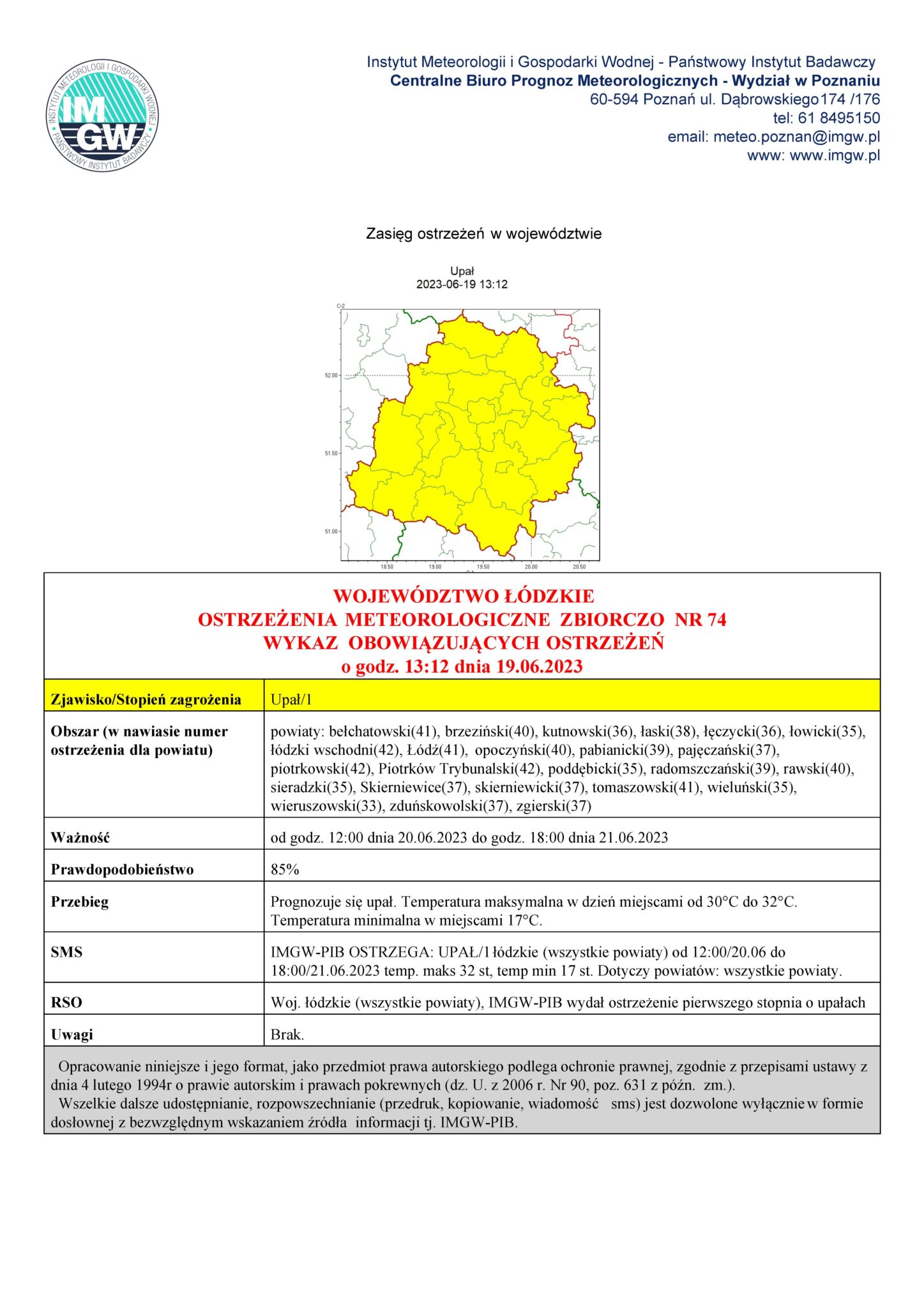 OSTRZEŻENIA METEOROLOGICZNE ZBIORCZO NR 74
