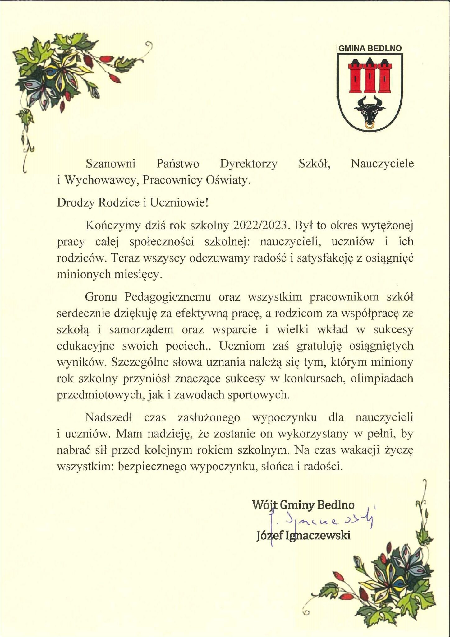 Życzenia Wójta Gminy Bedlno Na Zakończenie Roku Szkolnego