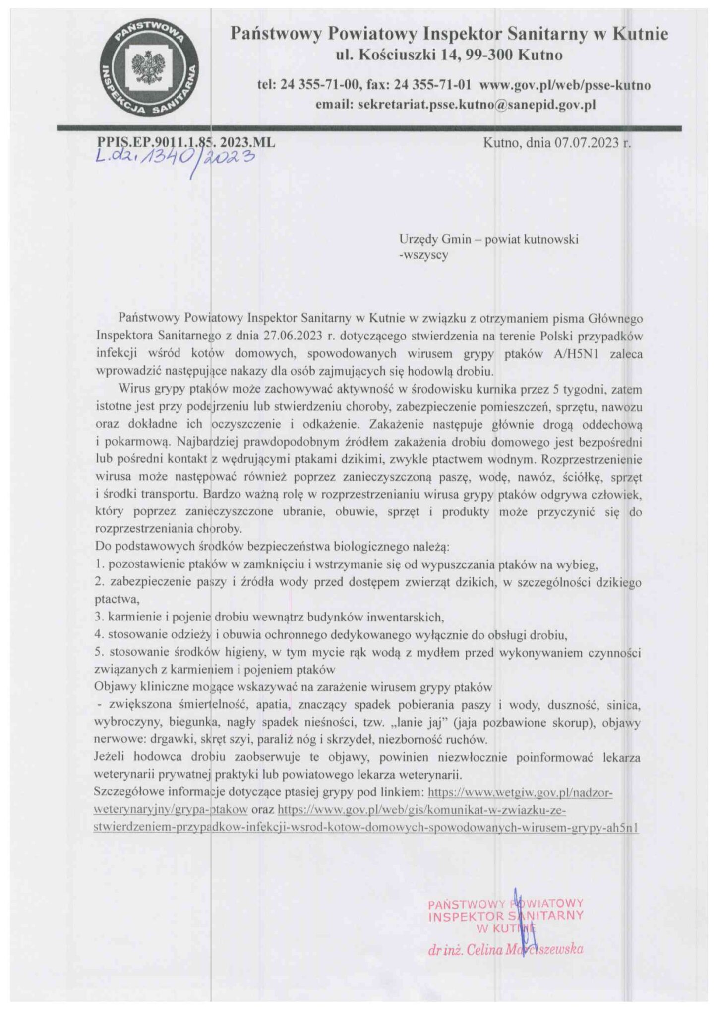 PSSE w Kutnie przesyła w załączeniu informację i zalecenia GIS dot. wirusa grypy ptaków A/H5N1