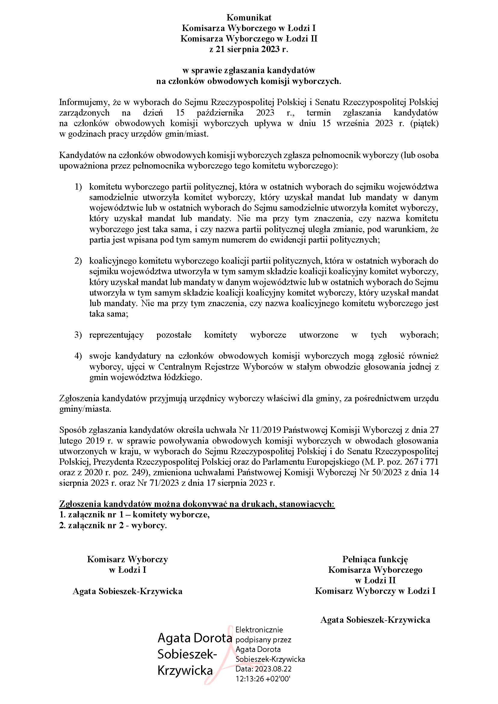 Komunikat Komisarza Wyborczego w Łodzi I Komisarza Wyborczego w Łodzi II z 21 sierpnia 2023 r. w sprawie zgłaszania kandydatów na członków obwodowych komisji wyborczych