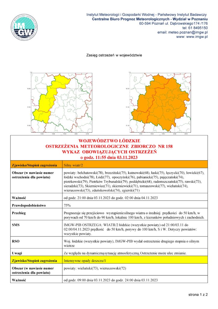 OSTRZEŻENIA METEOROLOGICZNE ZBIORCZO NR 158
