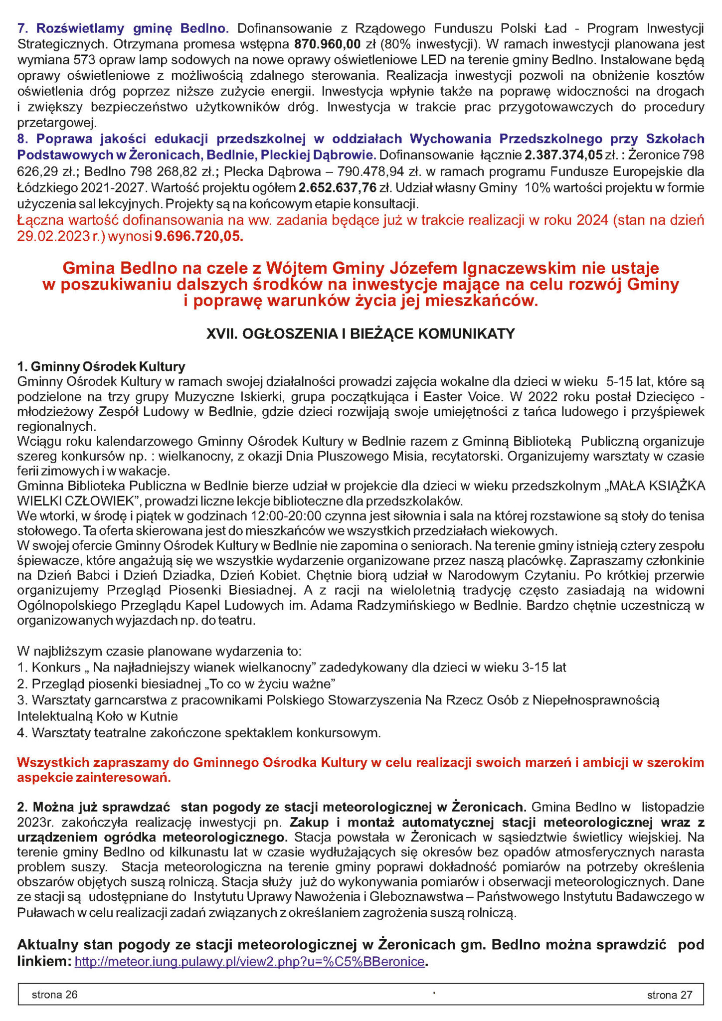 INFORMACJE Z GMINY BEDLNO