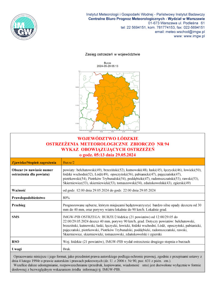 WOJEWÓDZTWO ŁÓDZKIE OSTRZEŻENIA METEOROLOGICZNE ZBIORCZO NR 94 WYKAZ OBOWIĄZUJĄCYCH OSTRZEŻEŃ o godz. 05:13 dnia 29.05.2024