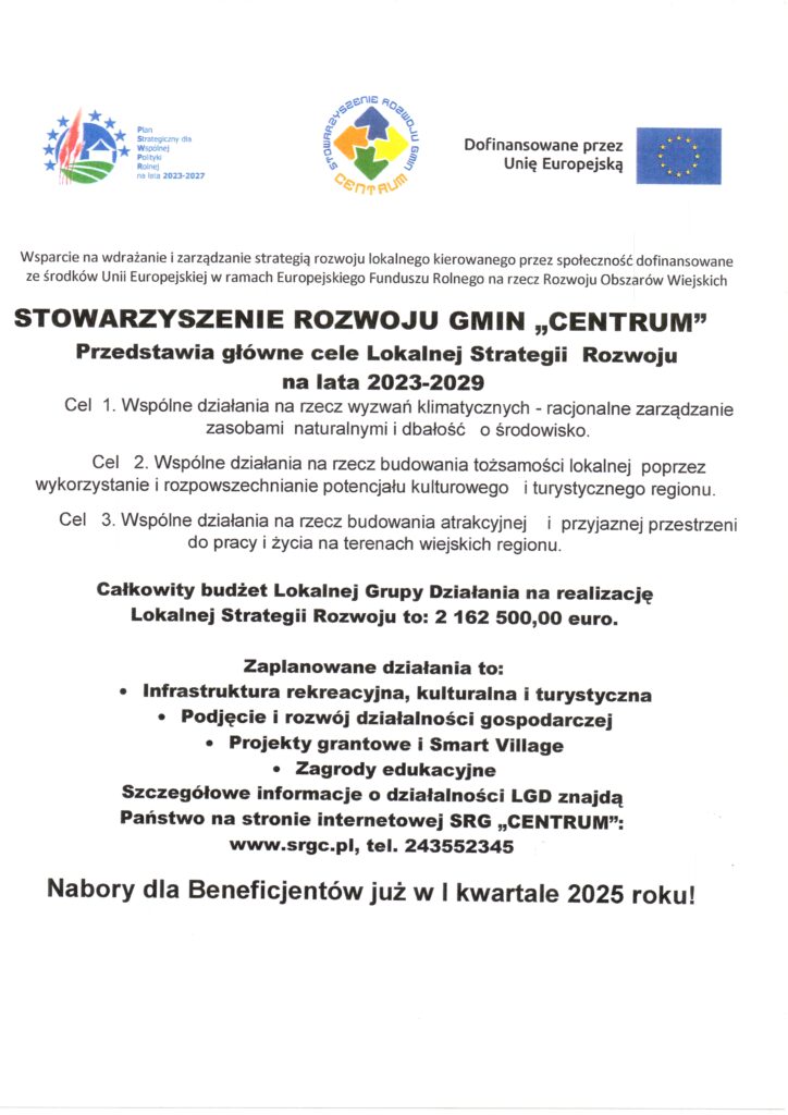 Stowarzyszenie Rozwoju Gmin Centrum Przedstawia główne cele Lokalnej Strategii Rozwoju na lata 2023-2029